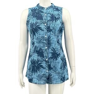 Columbia Top Womens XS Blue Button‎ Up Sleeveless Leaves Tropical Lightweight